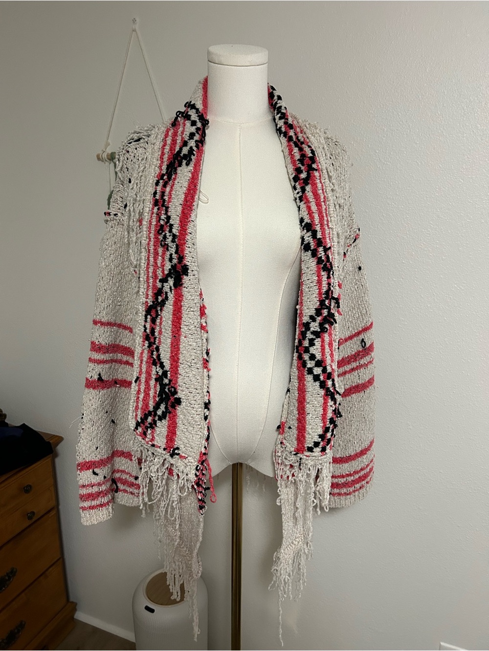 POL Open-Front Fringe Knit Cardigan in Cream, Pink & Black